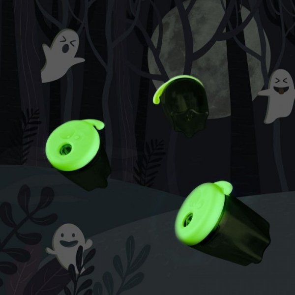 SPOOKY, dvojité plastové ořezávátko se zásobníkem, svítící, ve tvaru ducha