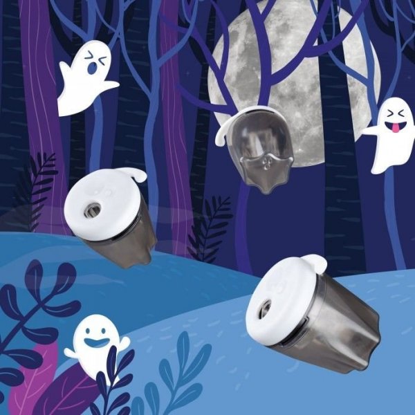 SPOOKY, dvojité plastové ořezávátko se zásobníkem, svítící, ve tvaru ducha