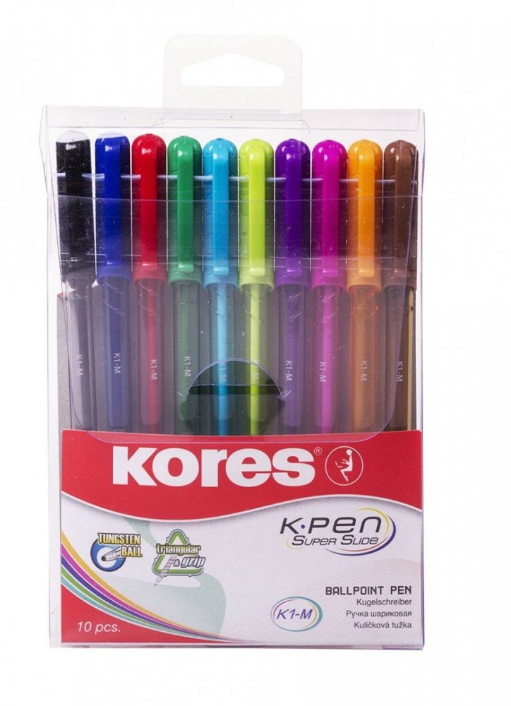 K1-M Długopis trójkątny jednorazowy niebieski, mix kolorów, średnia twardość, 10 sztuk
