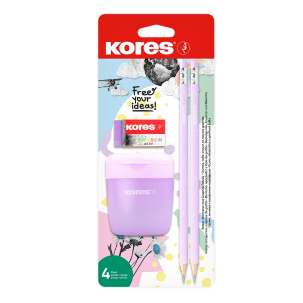 Kores PASTEL SET – ořezávátko, 2 tužky, pryž