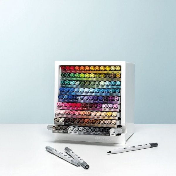 Tombow Organizer biurkowy z flamastrami ABT Dual Brush Pen w 107 kolorach + blender