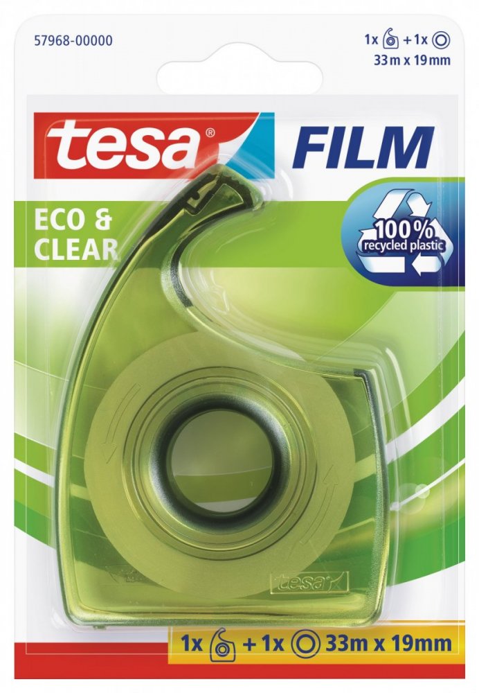 Eco&Clear, čirá kancelářská páska s ručním odvíječem, průhledná, 33m x 19mm