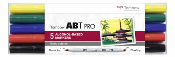 Tombow Flamaster Brush pen na bazie alkoholu ABT PRO, 5 szt., Basic colors